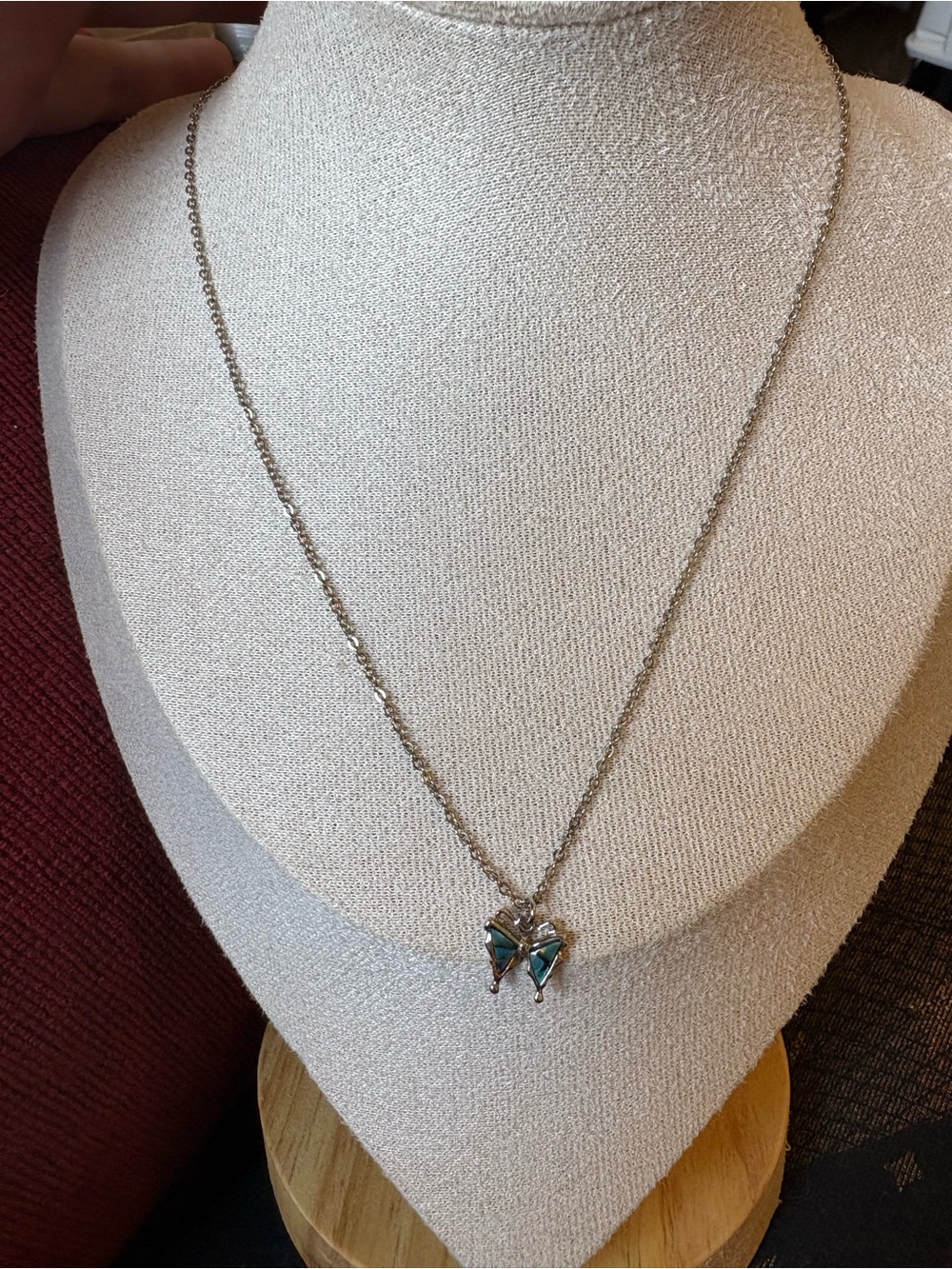 Vintage Silver Necklace with Teal Butterfly Pendant by